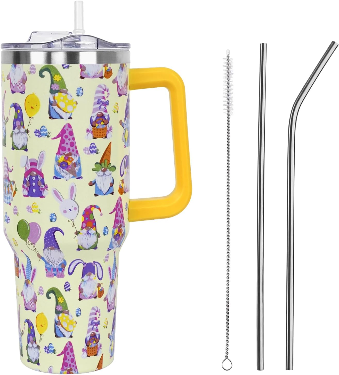 Floral Lemon Tumbler with Handle and Straw Lid 40 oz,Cute Spring Summer Gift for Women Men Friends Boho Flowers Vacuum Insulated Leak Proof Stainless Steel Coffee Cup Mug
