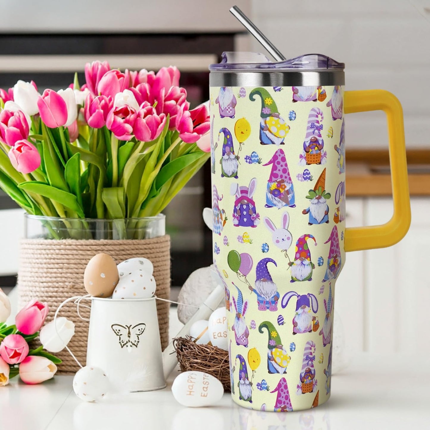 Floral Lemon Tumbler with Handle and Straw Lid 40 oz,Cute Spring Summer Gift for Women Men Friends Boho Flowers Vacuum Insulated Leak Proof Stainless Steel Coffee Cup Mug