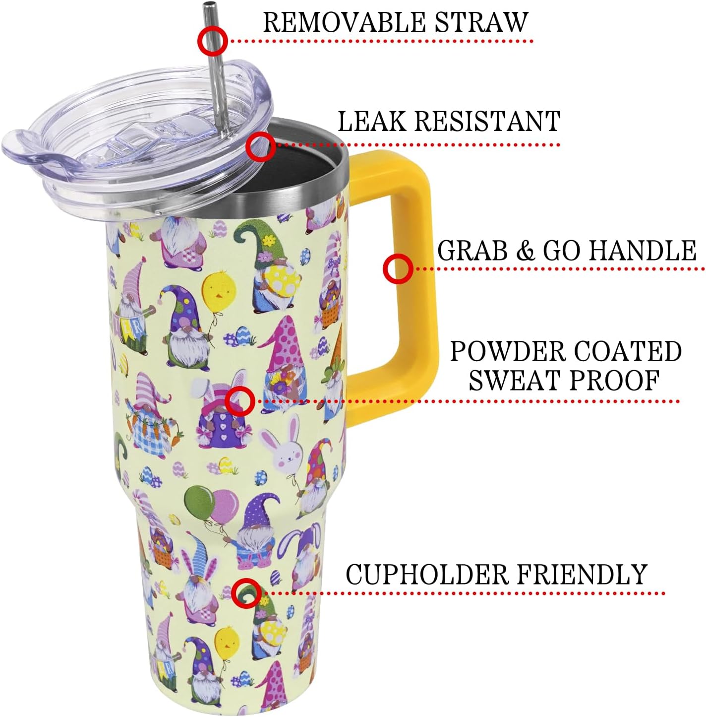 Floral Lemon Tumbler with Handle and Straw Lid 40 oz,Cute Spring Summer Gift for Women Men Friends Boho Flowers Vacuum Insulated Leak Proof Stainless Steel Coffee Cup Mug