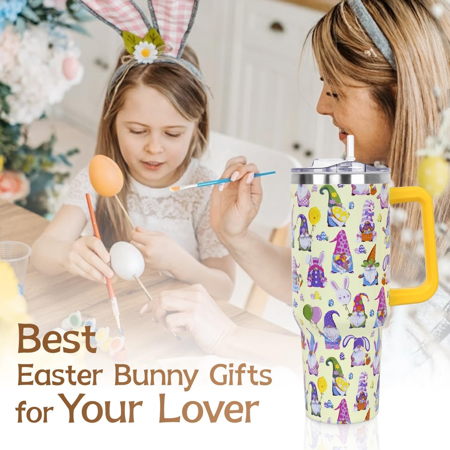 Floral Lemon Tumbler with Handle and Straw Lid 40 oz,Cute Spring Summer Gift for Women Men Friends Boho Flowers Vacuum Insulated Leak Proof Stainless Steel Coffee Cup Mug