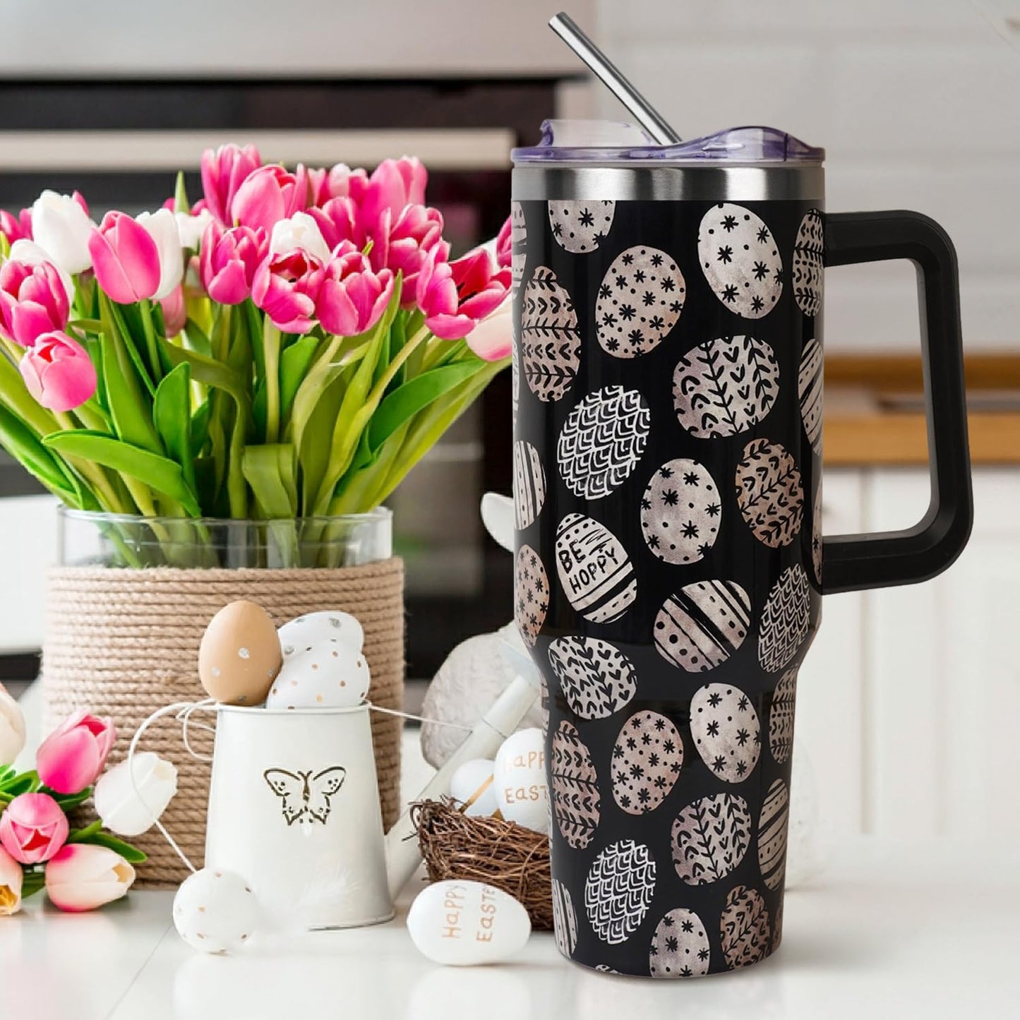 Floral Lemon Tumbler with Handle and Straw Lid 40 oz,Cute Spring Summer Gift for Women Men Friends Boho Flowers Vacuum Insulated Leak Proof Stainless Steel Coffee Cup Mug