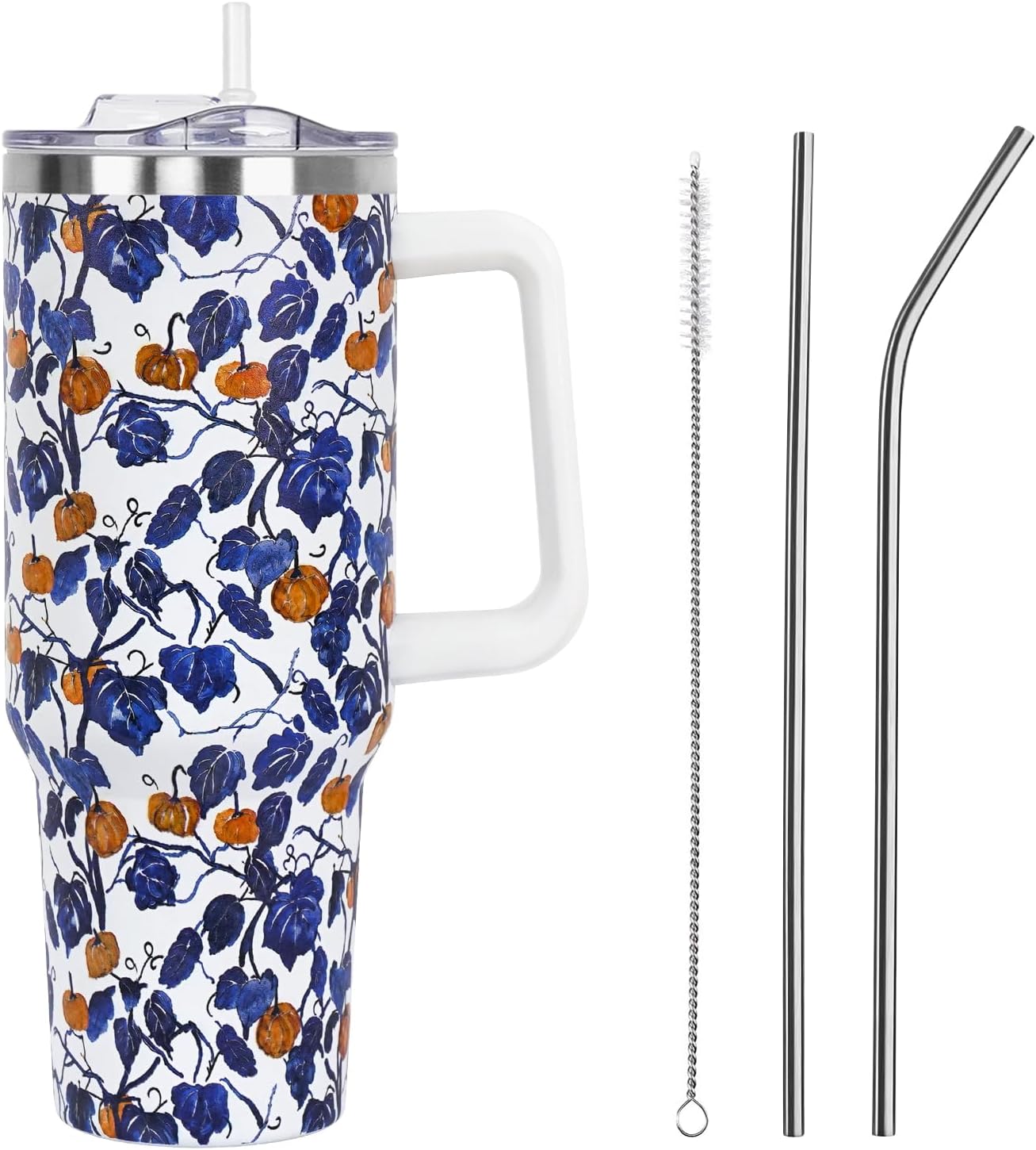 Floral Lemon Tumbler with Handle and Straw Lid 40 oz,Cute Spring Summer Gift for Women Men Friends Boho Flowers Vacuum Insulated Leak Proof Stainless Steel Coffee Cup Mug