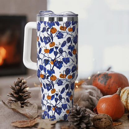 Floral Lemon Tumbler with Handle and Straw Lid 40 oz,Cute Spring Summer Gift for Women Men Friends Boho Flowers Vacuum Insulated Leak Proof Stainless Steel Coffee Cup Mug