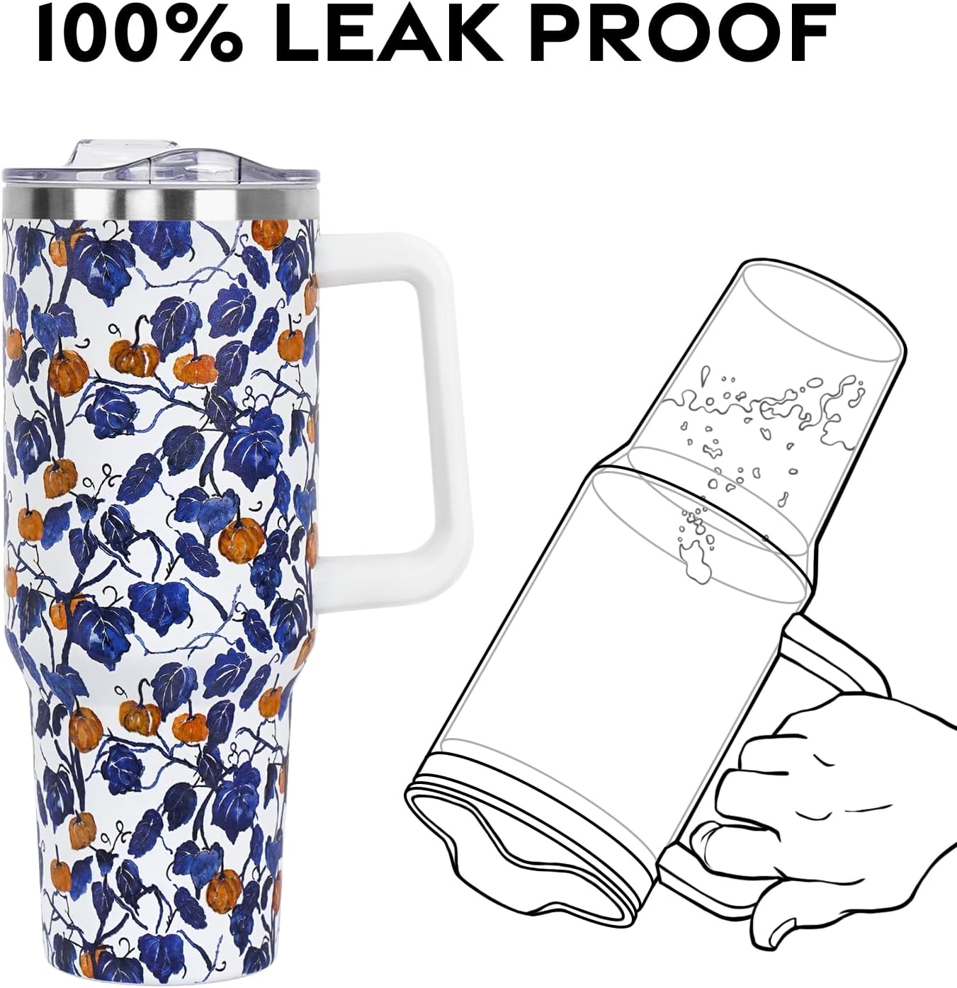 Floral Lemon Tumbler with Handle and Straw Lid 40 oz,Cute Spring Summer Gift for Women Men Friends Boho Flowers Vacuum Insulated Leak Proof Stainless Steel Coffee Cup Mug