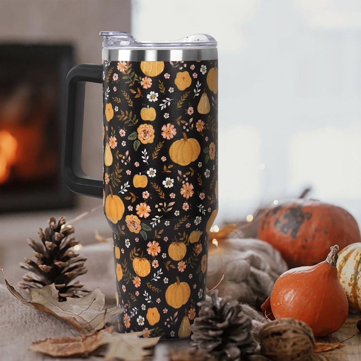 Floral Lemon Tumbler with Handle and Straw Lid 40 oz,Cute Spring Summer Gift for Women Men Friends Boho Flowers Vacuum Insulated Leak Proof Stainless Steel Coffee Cup Mug