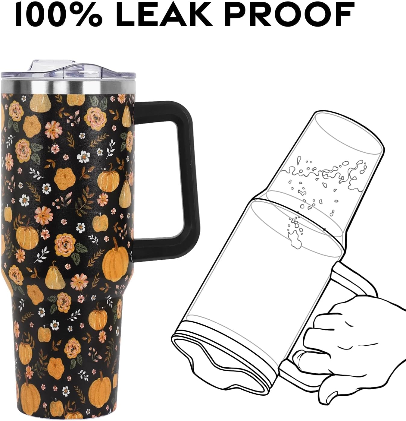 Floral Lemon Tumbler with Handle and Straw Lid 40 oz,Cute Spring Summer Gift for Women Men Friends Boho Flowers Vacuum Insulated Leak Proof Stainless Steel Coffee Cup Mug