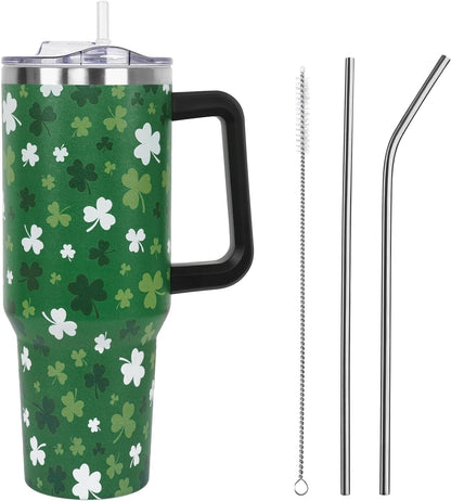 Floral Lemon Tumbler with Handle and Straw Lid 40 oz,Cute Spring Summer Gift for Women Men Friends Boho Flowers Vacuum Insulated Leak Proof Stainless Steel Coffee Cup Mug