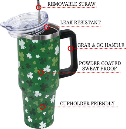 Floral Lemon Tumbler with Handle and Straw Lid 40 oz,Cute Spring Summer Gift for Women Men Friends Boho Flowers Vacuum Insulated Leak Proof Stainless Steel Coffee Cup Mug