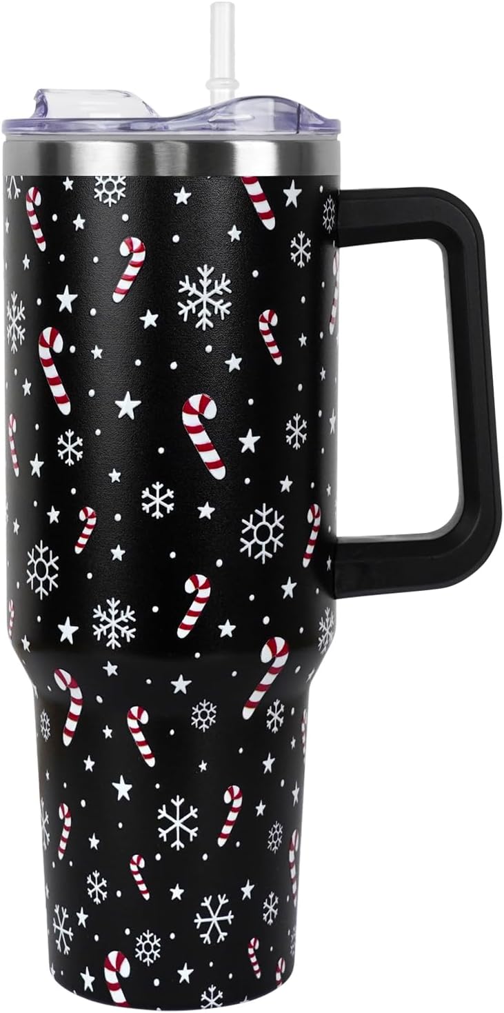 Floral Lemon Tumbler with Handle and Straw Lid 40 oz,Cute Spring Summer Gift for Women Men Friends Boho Flowers Vacuum Insulated Leak Proof Stainless Steel Coffee Cup Mug