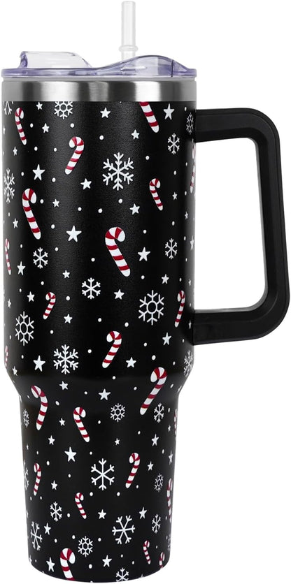 Floral Lemon Tumbler with Handle and Straw Lid 40 oz,Cute Spring Summer Gift for Women Men Friends Boho Flowers Vacuum Insulated Leak Proof Stainless Steel Coffee Cup Mug