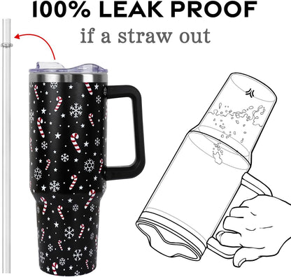 Floral Lemon Tumbler with Handle and Straw Lid 40 oz,Cute Spring Summer Gift for Women Men Friends Boho Flowers Vacuum Insulated Leak Proof Stainless Steel Coffee Cup Mug