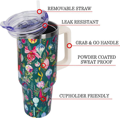 Floral Lemon Tumbler with Handle and Straw Lid 40 oz,Cute Spring Summer Gift for Women Men Friends Boho Flowers Vacuum Insulated Leak Proof Stainless Steel Coffee Cup Mug