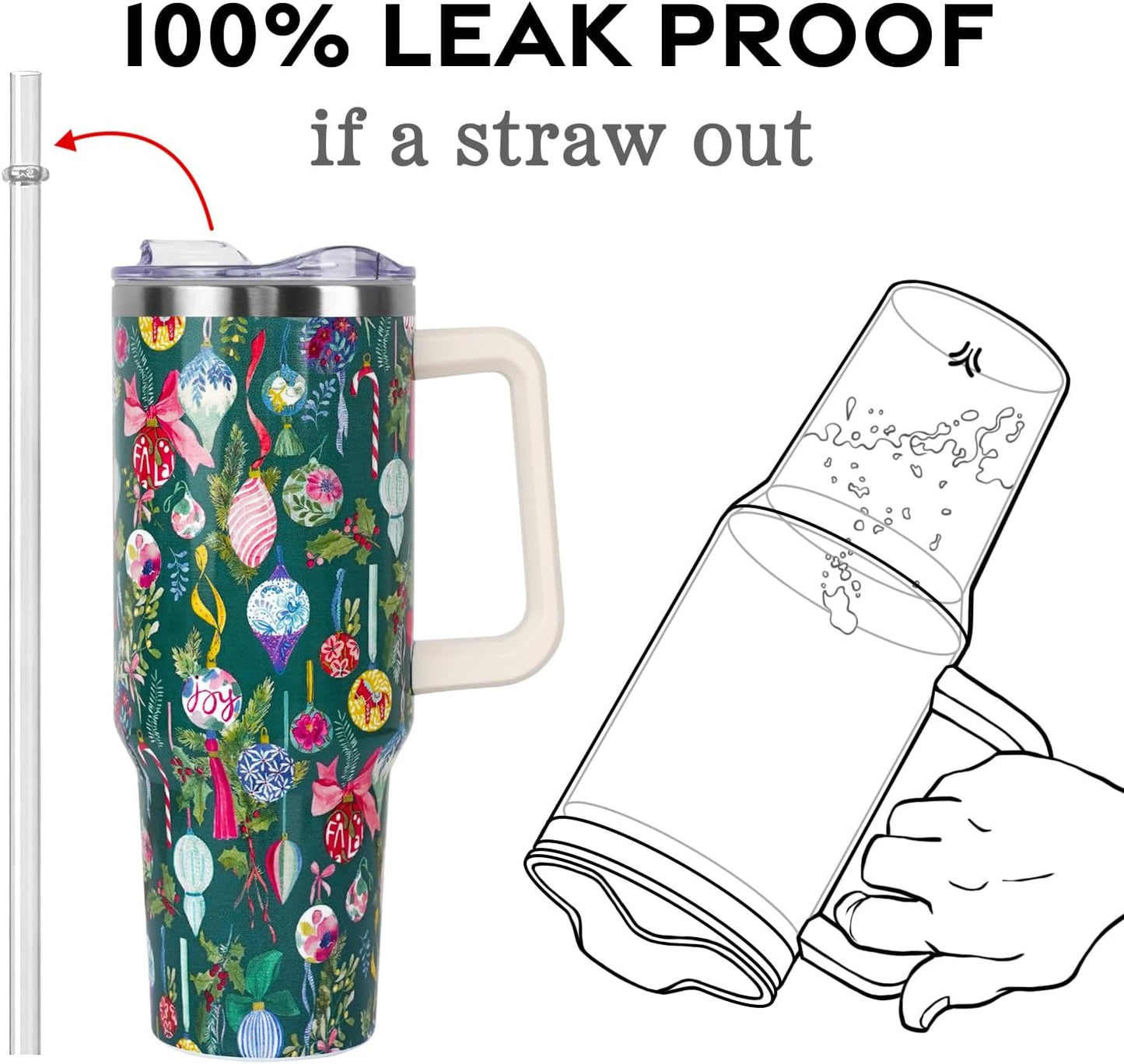 Floral Lemon Tumbler with Handle and Straw Lid 40 oz,Cute Spring Summer Gift for Women Men Friends Boho Flowers Vacuum Insulated Leak Proof Stainless Steel Coffee Cup Mug