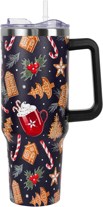 Floral Lemon Tumbler with Handle and Straw Lid 40 oz,Cute Spring Summer Gift for Women Men Friends Boho Flowers Vacuum Insulated Leak Proof Stainless Steel Coffee Cup Mug
