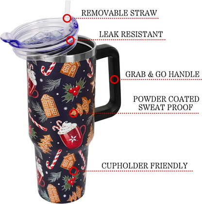 Floral Lemon Tumbler with Handle and Straw Lid 40 oz,Cute Spring Summer Gift for Women Men Friends Boho Flowers Vacuum Insulated Leak Proof Stainless Steel Coffee Cup Mug