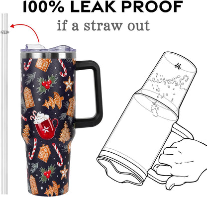 Floral Lemon Tumbler with Handle and Straw Lid 40 oz,Cute Spring Summer Gift for Women Men Friends Boho Flowers Vacuum Insulated Leak Proof Stainless Steel Coffee Cup Mug