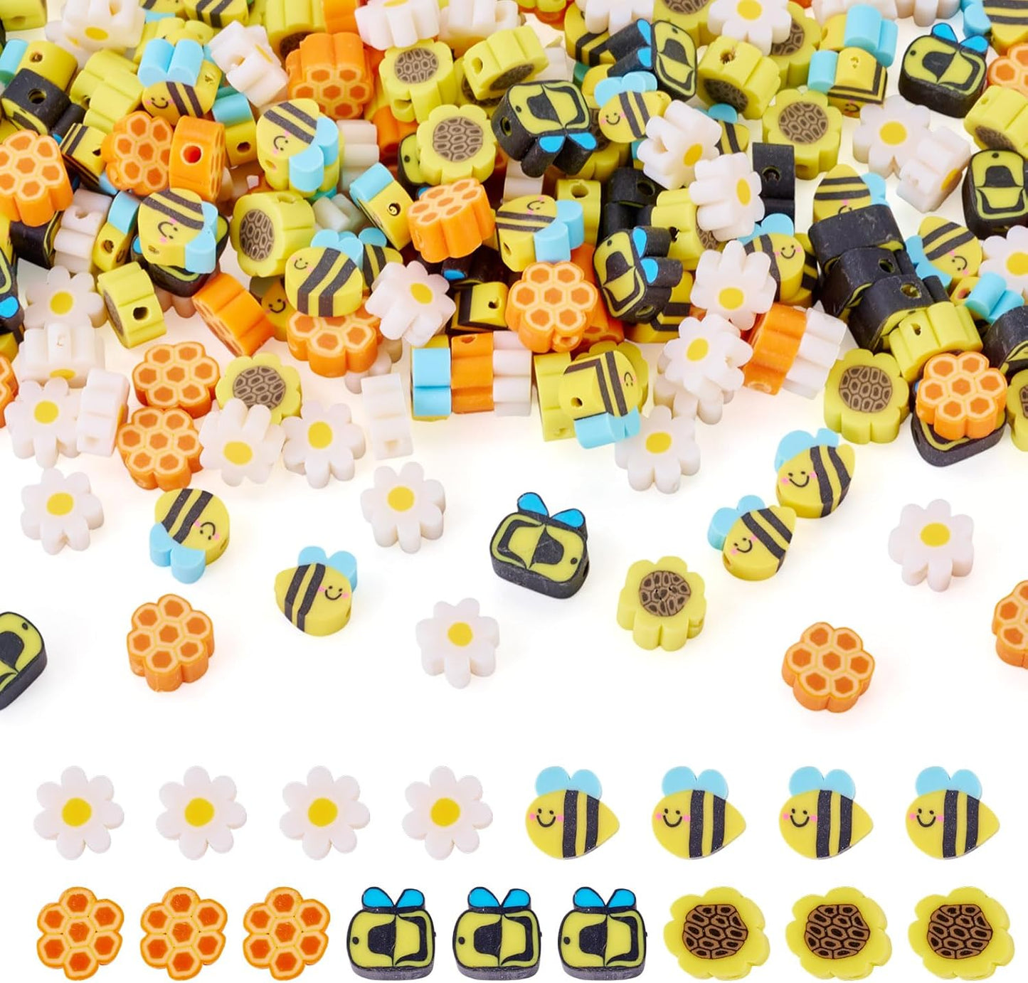 200Pcs Bee Flower Polymer Clay Beads Handmade Polymer Clay Beads for Bracelet Making kit Yellow Flat Round Disc Heishi Spacer Bead for Jewelry Making Necklace Earrings Supplies