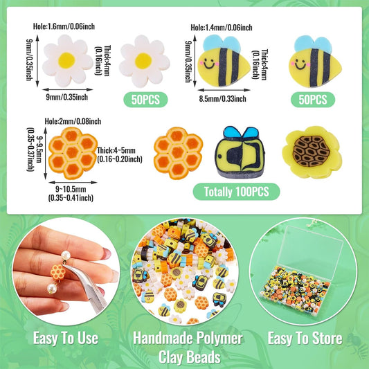 200Pcs Bee Flower Polymer Clay Beads Handmade Polymer Clay Beads for Bracelet Making kit Yellow Flat Round Disc Heishi Spacer Bead for Jewelry Making Necklace Earrings Supplies