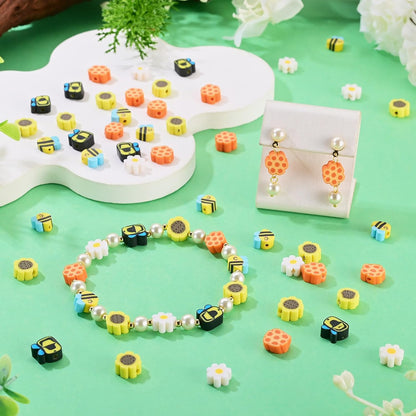 200Pcs Bee Flower Polymer Clay Beads Handmade Polymer Clay Beads for Bracelet Making kit Yellow Flat Round Disc Heishi Spacer Bead for Jewelry Making Necklace Earrings Supplies