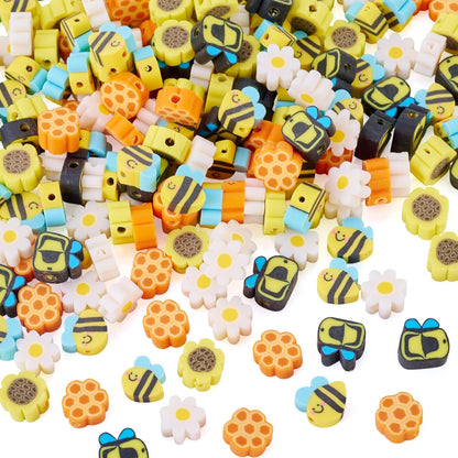 200Pcs Bee Flower Polymer Clay Beads Handmade Polymer Clay Beads for Bracelet Making kit Yellow Flat Round Disc Heishi Spacer Bead for Jewelry Making Necklace Earrings Supplies