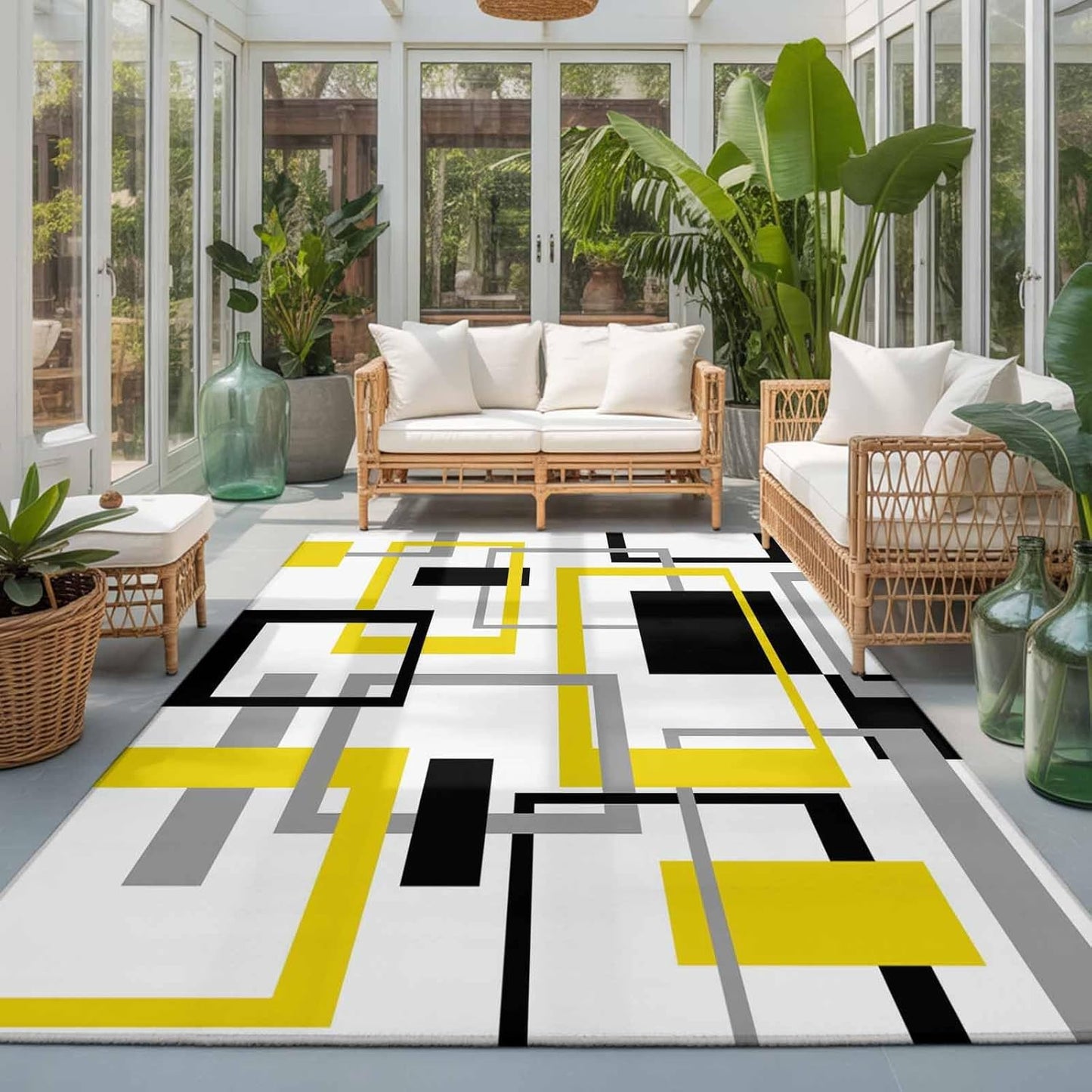 Area Rug Yellow Abstract Lines Non-Slip Indoor Area Rug Modern Art Washable Decorative Floor Carpet for Bedroom Living Room