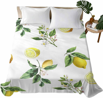 Twin Size Flat Sheet Only, Summer Yellow Lemon Leaves Bed Top Sheet Soft Microfiber Breathable Bedding Flat Sheets, Country White Floral Top Sheets Hotel Luxury