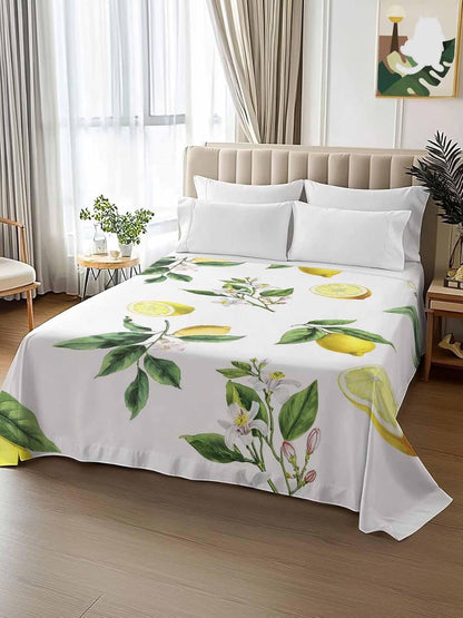 Twin Size Flat Sheet Only, Summer Yellow Lemon Leaves Bed Top Sheet Soft Microfiber Breathable Bedding Flat Sheets, Country White Floral Top Sheets Hotel Luxury