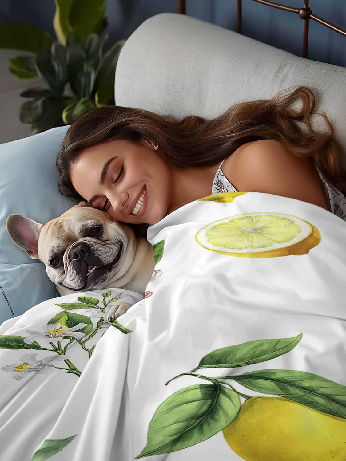 Twin Size Flat Sheet Only, Summer Yellow Lemon Leaves Bed Top Sheet Soft Microfiber Breathable Bedding Flat Sheets, Country White Floral Top Sheets Hotel Luxury