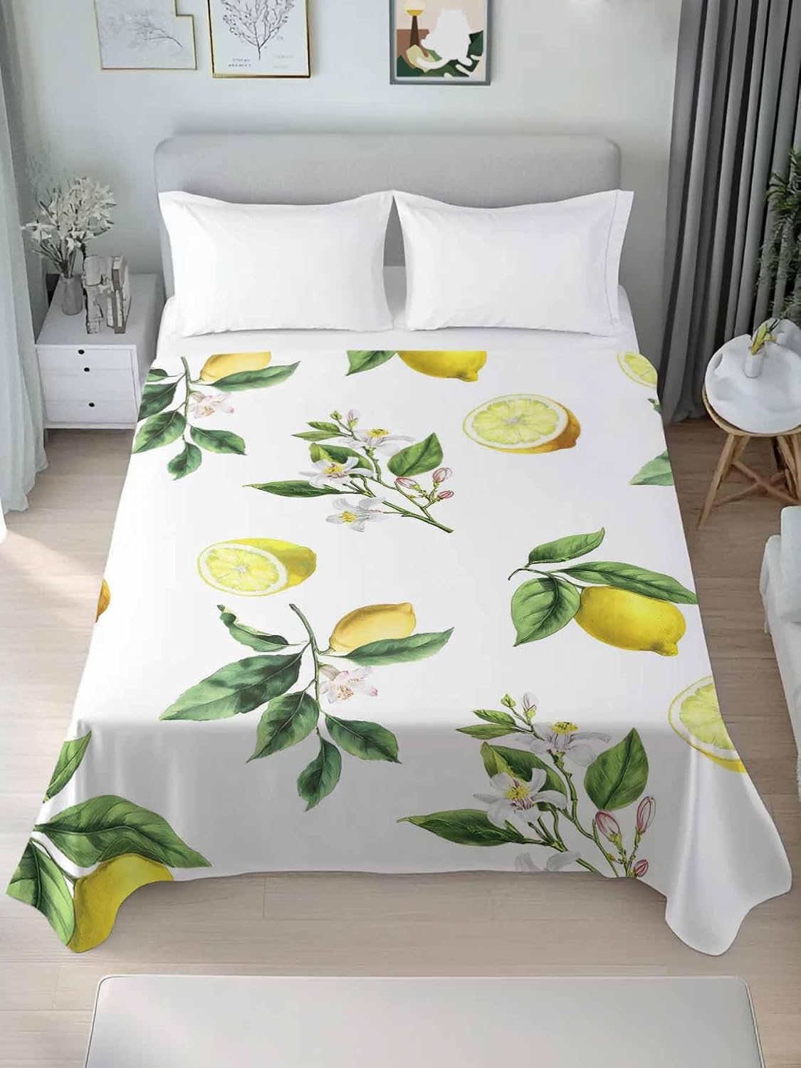 Twin Size Flat Sheet Only, Summer Yellow Lemon Leaves Bed Top Sheet Soft Microfiber Breathable Bedding Flat Sheets, Country White Floral Top Sheets Hotel Luxury