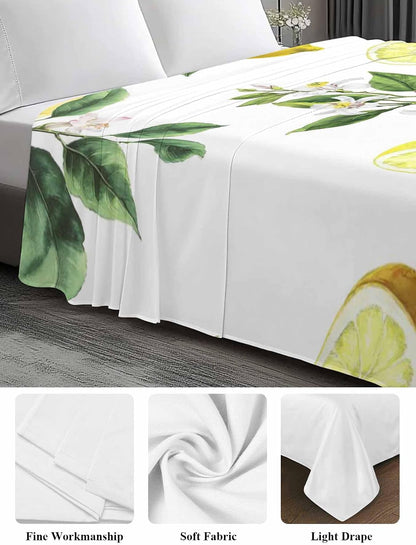 Twin Size Flat Sheet Only, Summer Yellow Lemon Leaves Bed Top Sheet Soft Microfiber Breathable Bedding Flat Sheets, Country White Floral Top Sheets Hotel Luxury