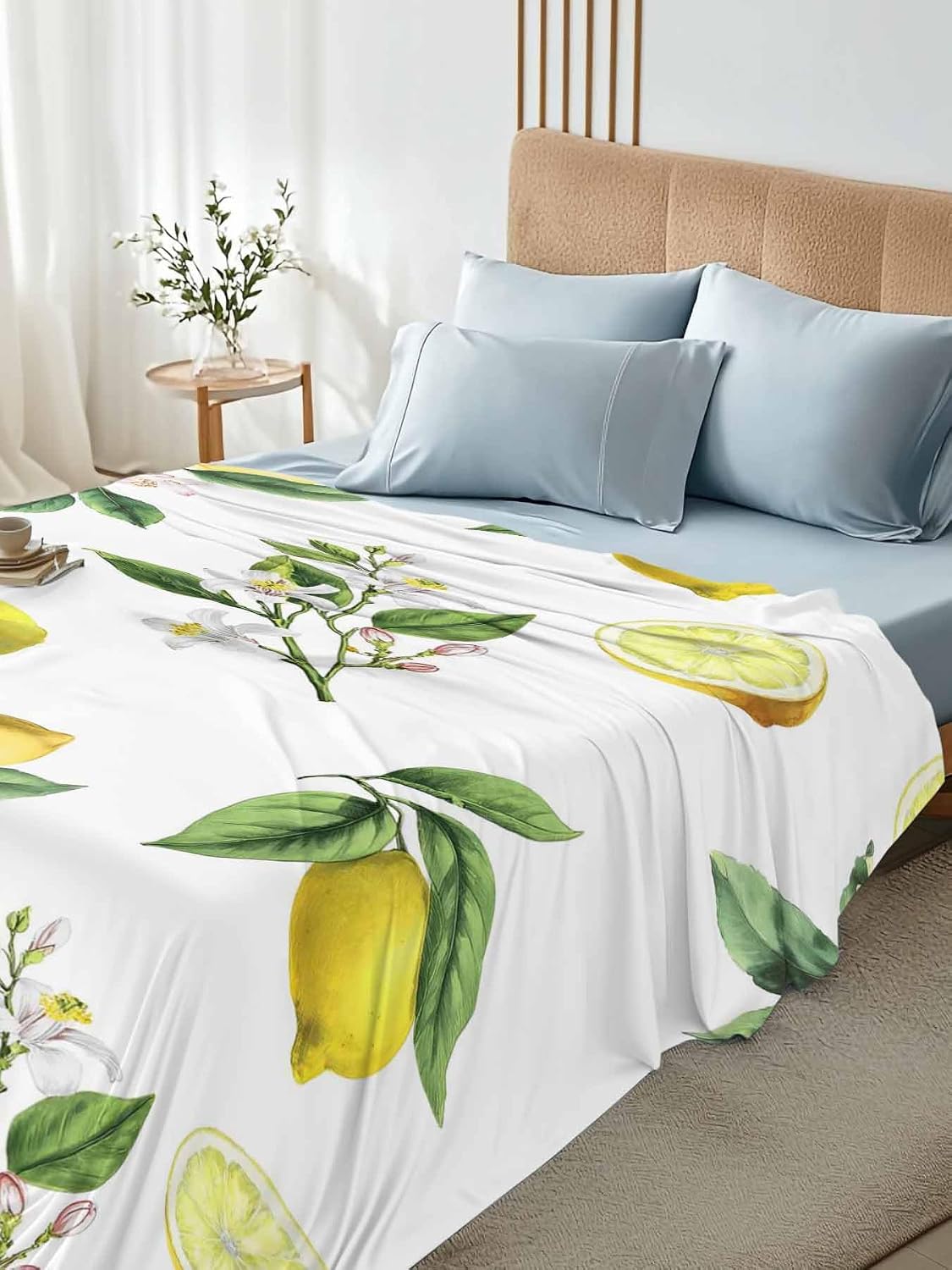 Twin Size Flat Sheet Only, Summer Yellow Lemon Leaves Bed Top Sheet Soft Microfiber Breathable Bedding Flat Sheets, Country White Floral Top Sheets Hotel Luxury