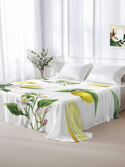 Twin Size Flat Sheet Only, Summer Yellow Lemon Leaves Bed Top Sheet Soft Microfiber Breathable Bedding Flat Sheets, Country White Floral Top Sheets Hotel Luxury