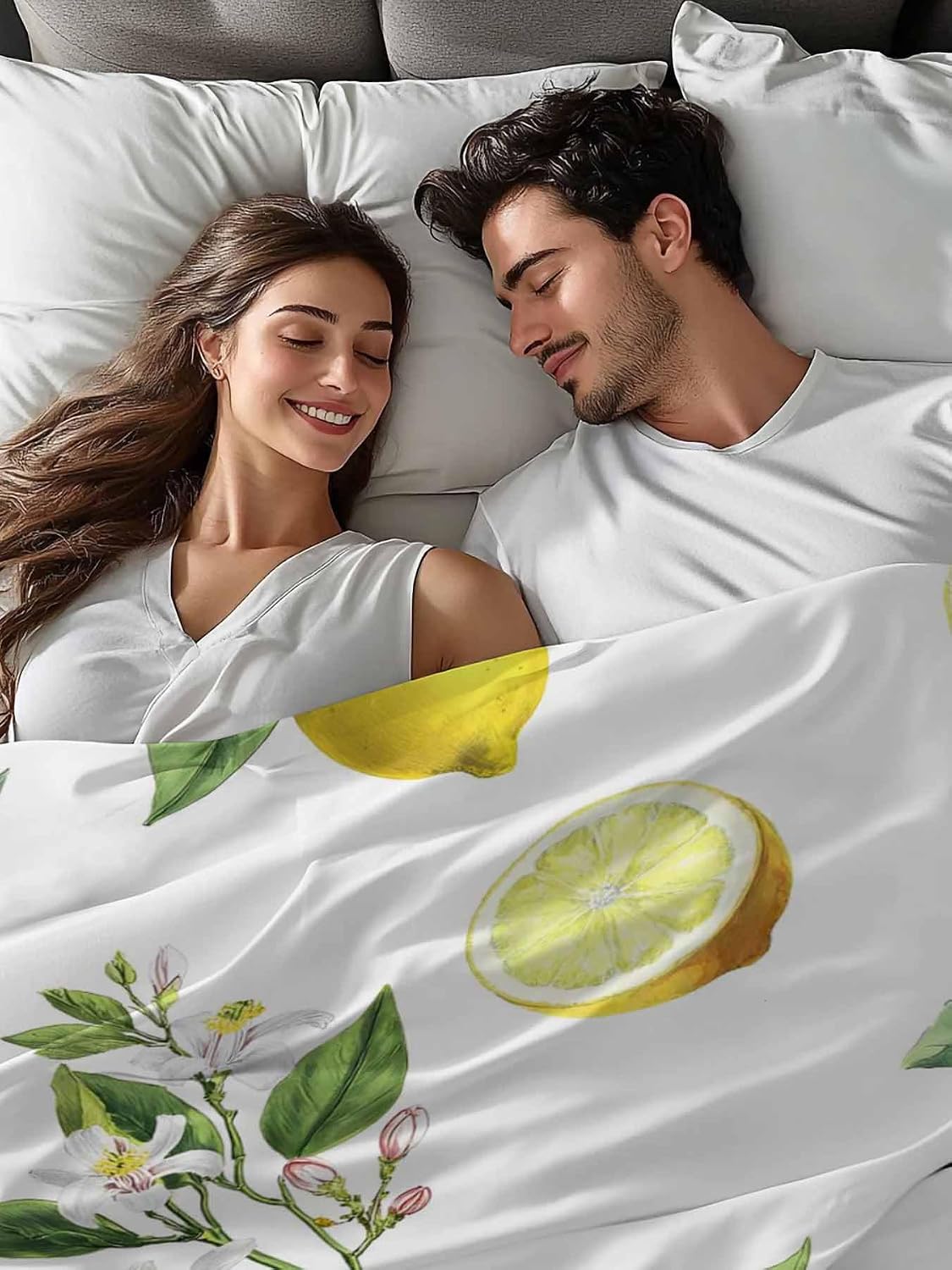 Twin Size Flat Sheet Only, Summer Yellow Lemon Leaves Bed Top Sheet Soft Microfiber Breathable Bedding Flat Sheets, Country White Floral Top Sheets Hotel Luxury