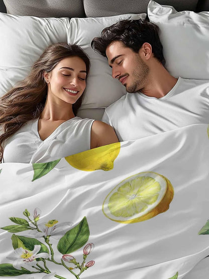 Twin Size Flat Sheet Only, Summer Yellow Lemon Leaves Bed Top Sheet Soft Microfiber Breathable Bedding Flat Sheets, Country White Floral Top Sheets Hotel Luxury