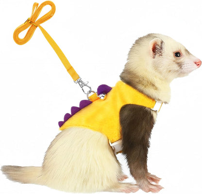 Ferret Harness and Leash Set Small Animals Vest Harness with Safe Bell Dinosaur Shaped Leash Set for Baby Rabbit Guinea Pig Teacup Chihuahua Mouse and Other Small Pet (Yellow)