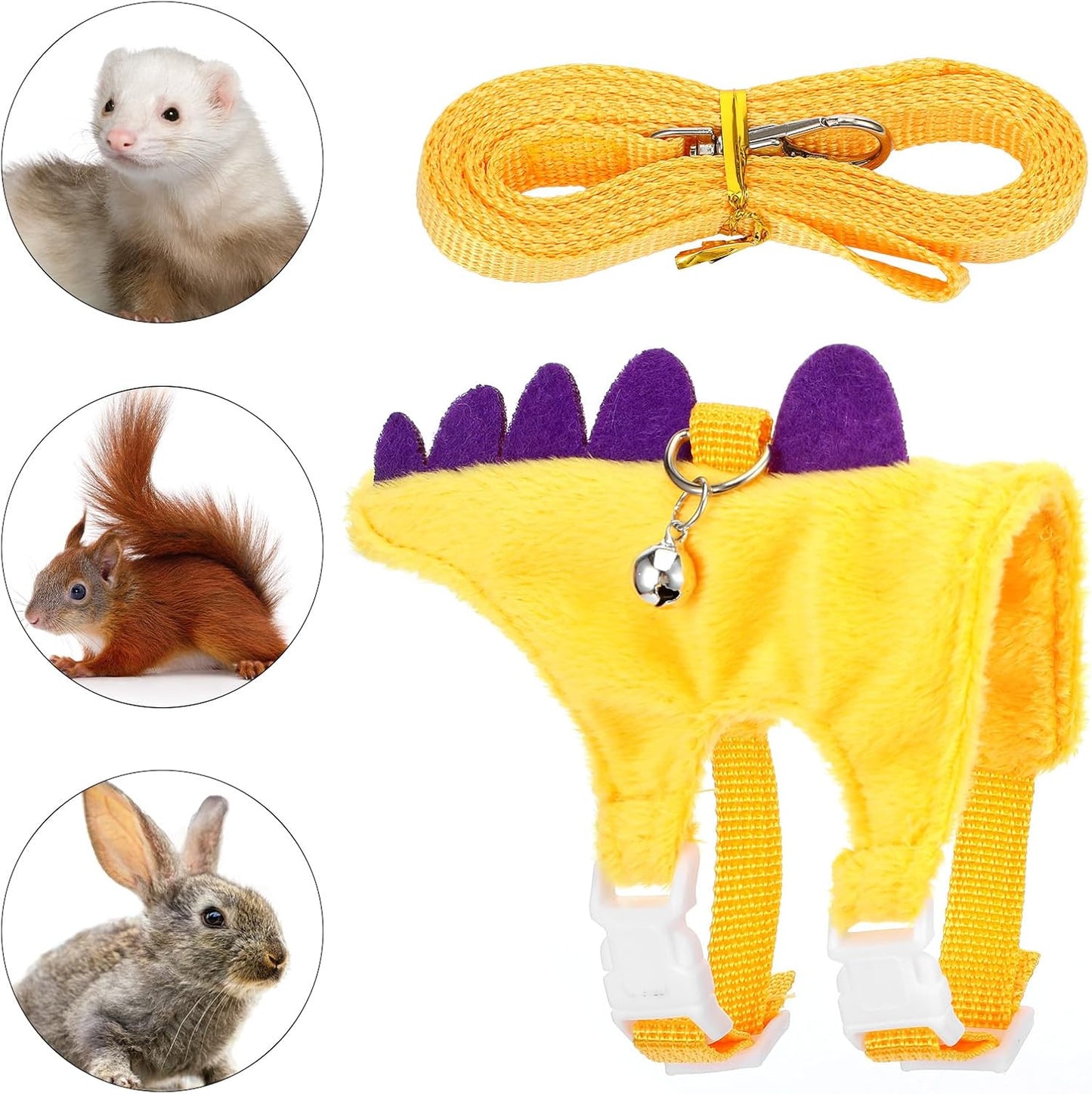 Ferret Harness and Leash Set Small Animals Vest Harness with Safe Bell Dinosaur Shaped Leash Set for Baby Rabbit Guinea Pig Teacup Chihuahua Mouse and Other Small Pet (Yellow)