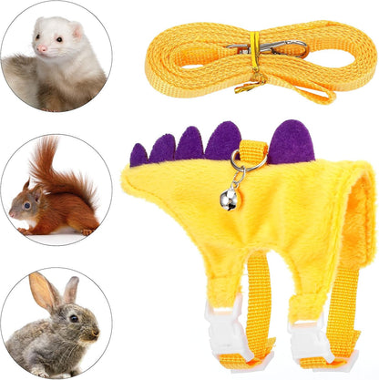 Ferret Harness and Leash Set Small Animals Vest Harness with Safe Bell Dinosaur Shaped Leash Set for Baby Rabbit Guinea Pig Teacup Chihuahua Mouse and Other Small Pet (Yellow)