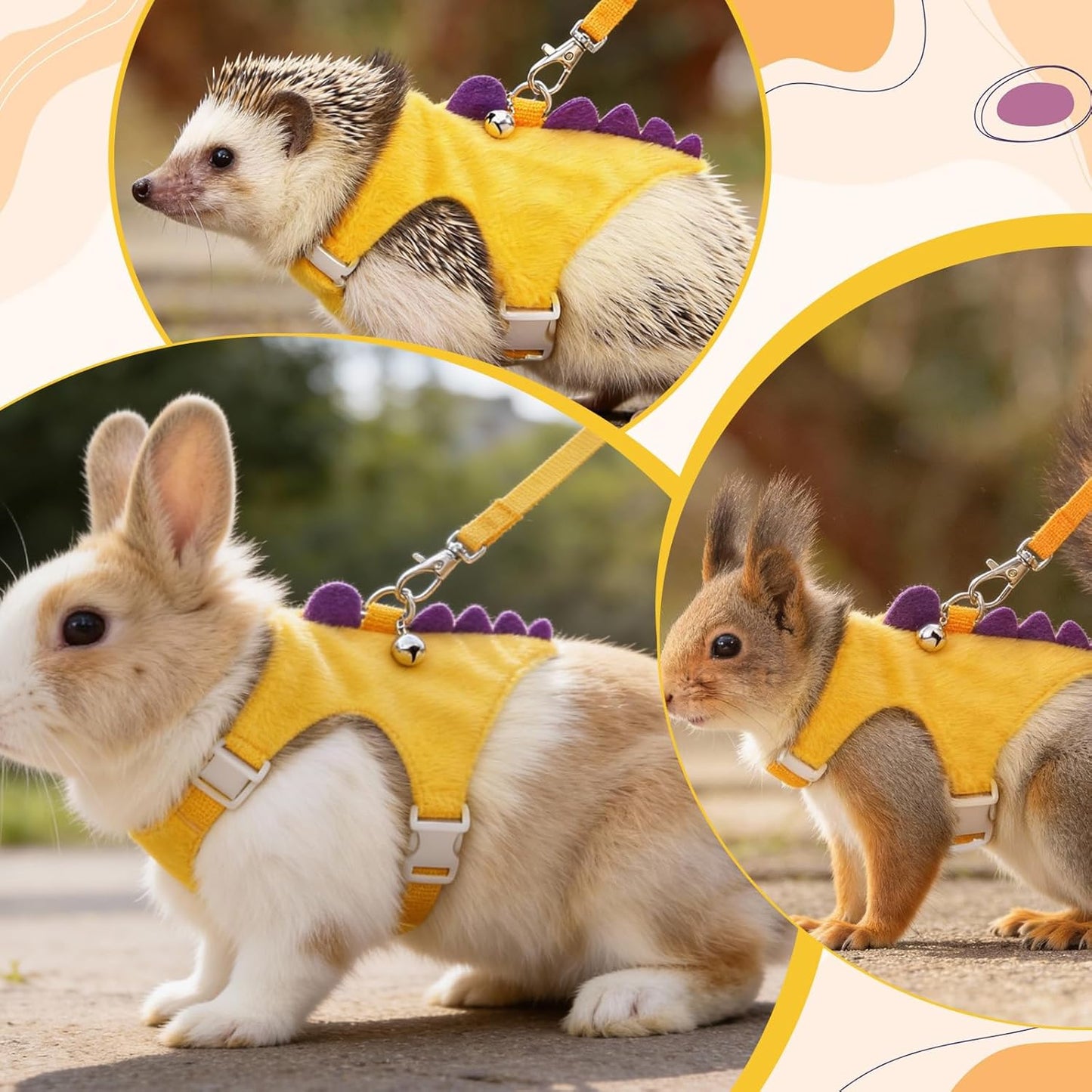 Ferret Harness and Leash Set Small Animals Vest Harness with Safe Bell Dinosaur Shaped Leash Set for Baby Rabbit Guinea Pig Teacup Chihuahua Mouse and Other Small Pet (Yellow)