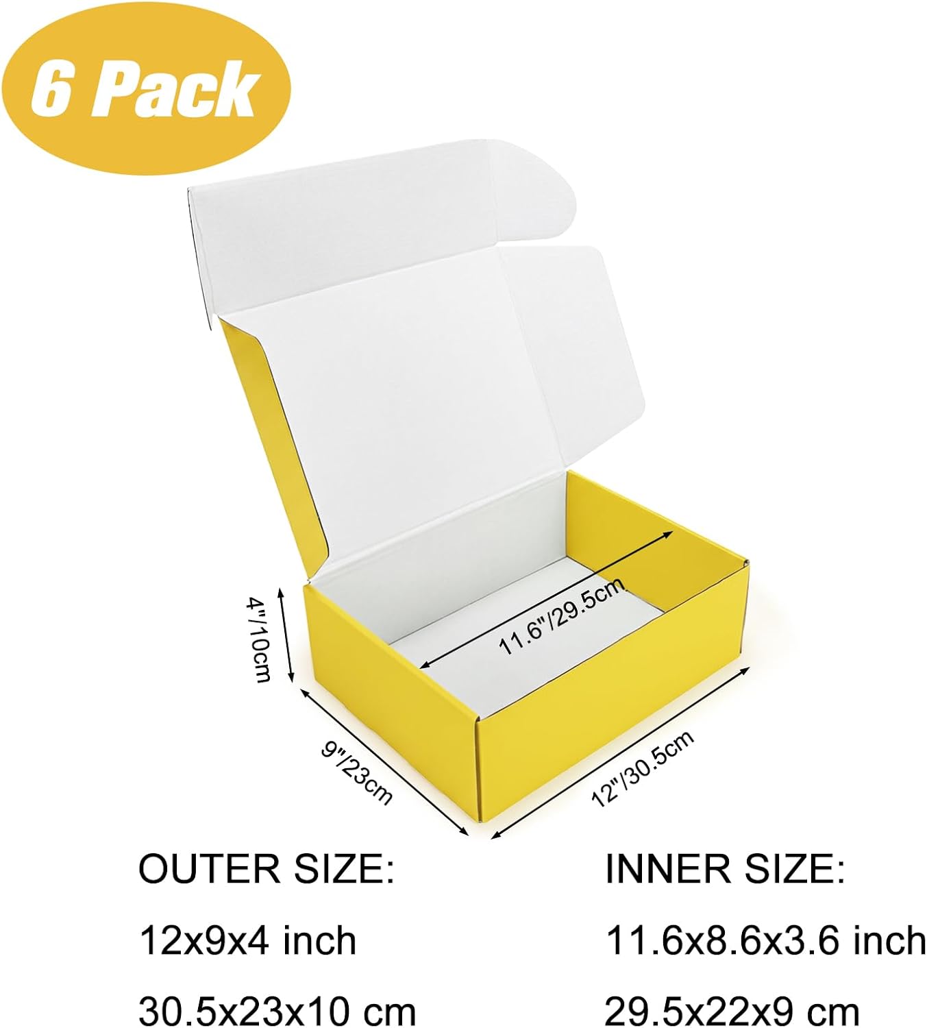 6 Pack 12x9x4 in Cardboard Shipping Boxes, Lemon Yellow Gift Box | Bright Color, Tuck Top, Quick Fold, Easy Assemble, Shape Well, Single Corrugated, Shirt, Shoe, Small Business Packaging