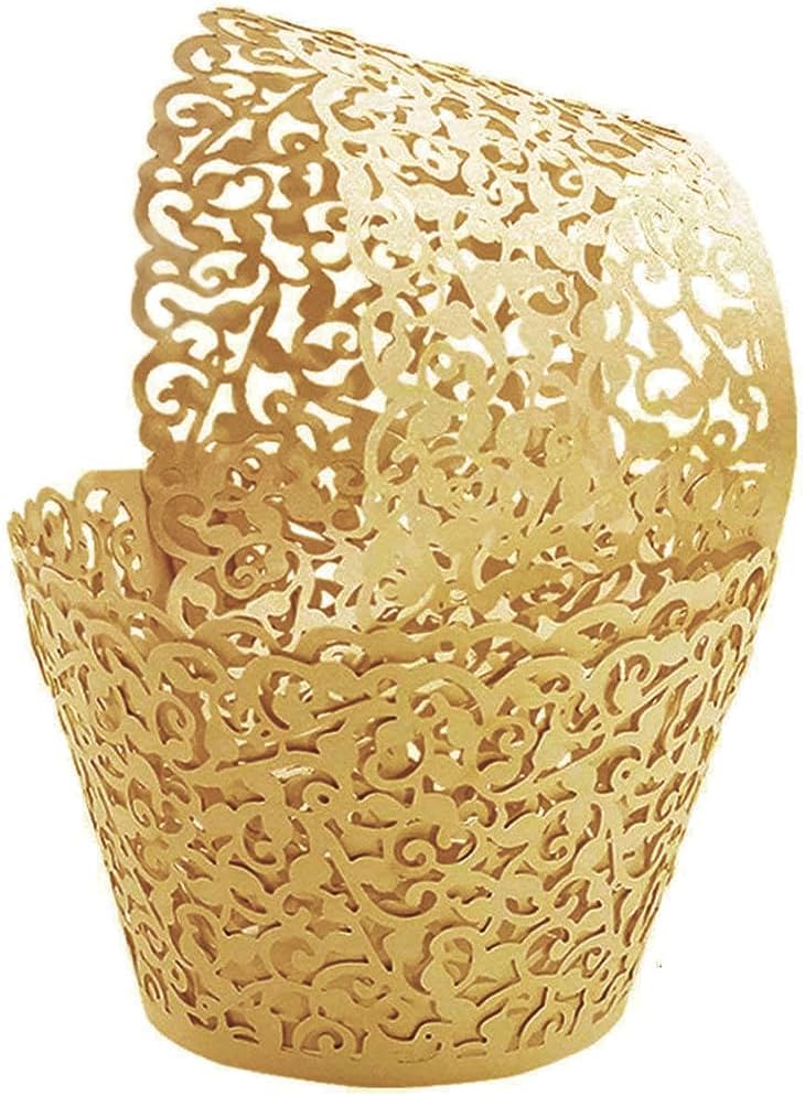 100Pcs Cupcake Wrappers Artistic Bake Cake Paper Filigree Little Vine Lace Laser Cut Liner Baking Cup Wraps Muffin CaseTrays for Wedding Party Birthday Decoration (Gold Yellow)