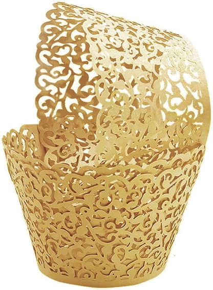 100Pcs Cupcake Wrappers Artistic Bake Cake Paper Filigree Little Vine Lace Laser Cut Liner Baking Cup Wraps Muffin CaseTrays for Wedding Party Birthday Decoration (Gold Yellow)