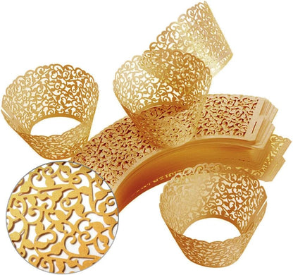 100Pcs Cupcake Wrappers Artistic Bake Cake Paper Filigree Little Vine Lace Laser Cut Liner Baking Cup Wraps Muffin CaseTrays for Wedding Party Birthday Decoration (Gold Yellow)