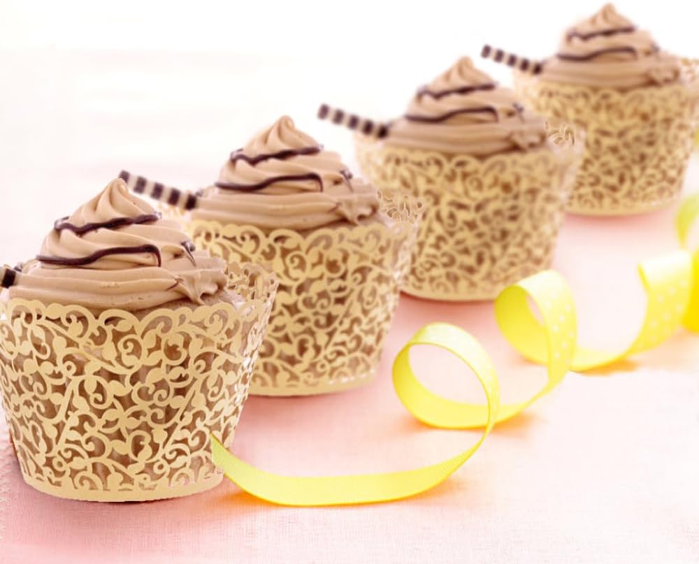 100Pcs Cupcake Wrappers Artistic Bake Cake Paper Filigree Little Vine Lace Laser Cut Liner Baking Cup Wraps Muffin CaseTrays for Wedding Party Birthday Decoration (Gold Yellow)