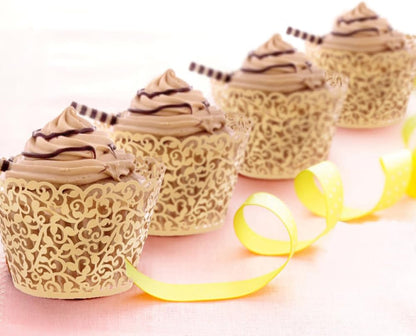 100Pcs Cupcake Wrappers Artistic Bake Cake Paper Filigree Little Vine Lace Laser Cut Liner Baking Cup Wraps Muffin CaseTrays for Wedding Party Birthday Decoration (Gold Yellow)