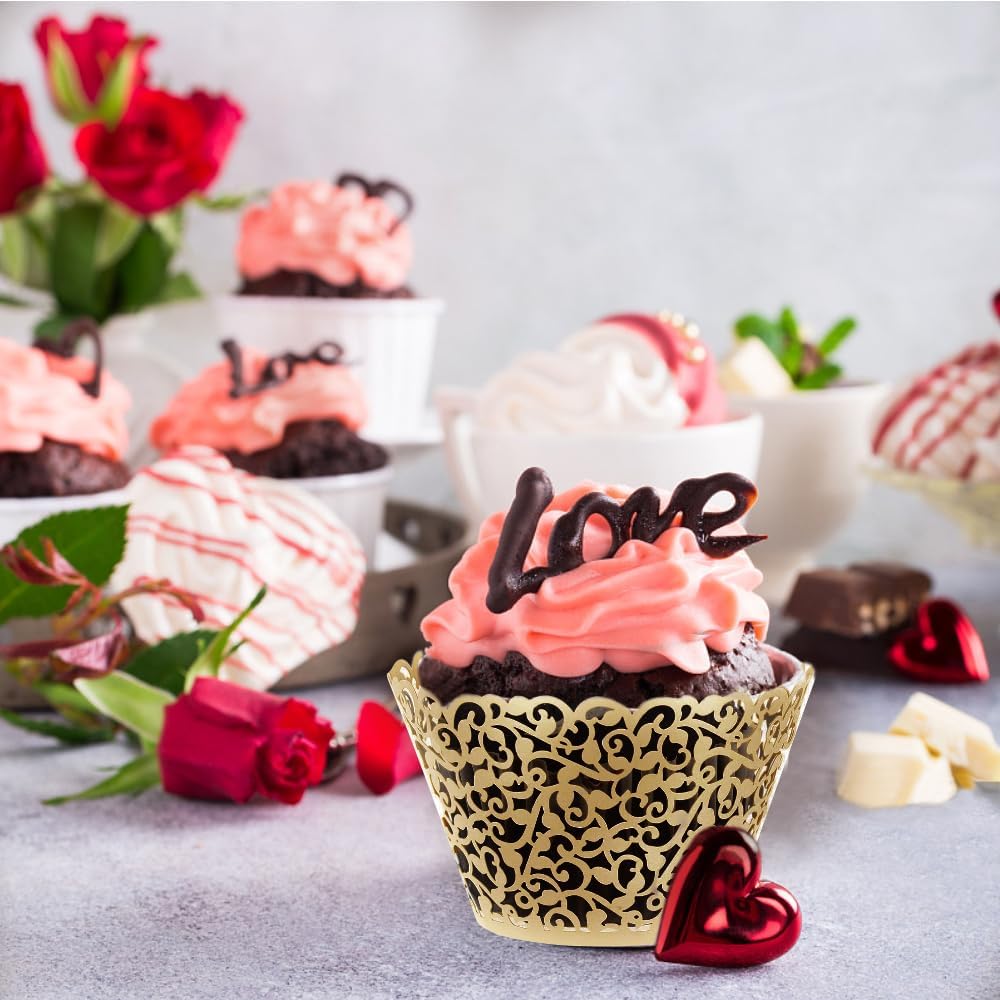 100Pcs Cupcake Wrappers Artistic Bake Cake Paper Filigree Little Vine Lace Laser Cut Liner Baking Cup Wraps Muffin CaseTrays for Wedding Party Birthday Decoration (Gold Yellow)