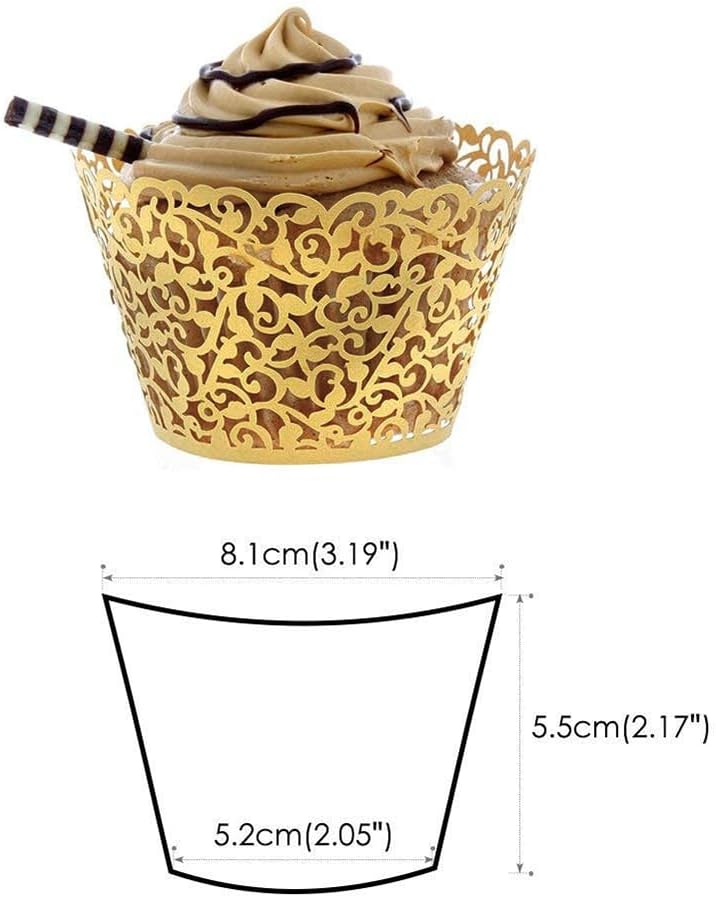 100Pcs Cupcake Wrappers Artistic Bake Cake Paper Filigree Little Vine Lace Laser Cut Liner Baking Cup Wraps Muffin CaseTrays for Wedding Party Birthday Decoration (Gold Yellow)