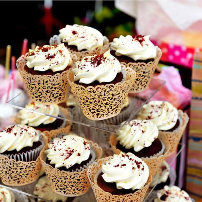 100Pcs Cupcake Wrappers Artistic Bake Cake Paper Filigree Little Vine Lace Laser Cut Liner Baking Cup Wraps Muffin CaseTrays for Wedding Party Birthday Decoration (Gold Yellow)