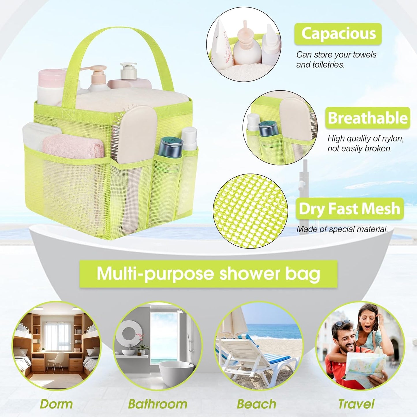 Mesh Shower Caddy Portable for College Dorm Room Camping Essentials, Shower Caddy Dorm with 9-Pockets, Large Capacity Hanging Basket Bathroom Bag for Toiletry, Swimming, Gym, Camp, Beach