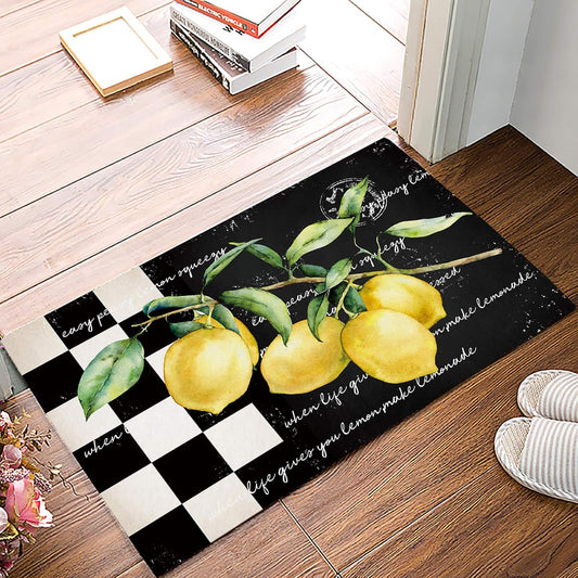 Summer Tropical Lemon Entrance Door Mat, Buffalo Plaid Black White Spring Decor Welcome Doormat, Non-Slip Carpet Rugs Floor Mat Decorative for Home/Bathroom/Kitchen/Indoor 30 x18 in