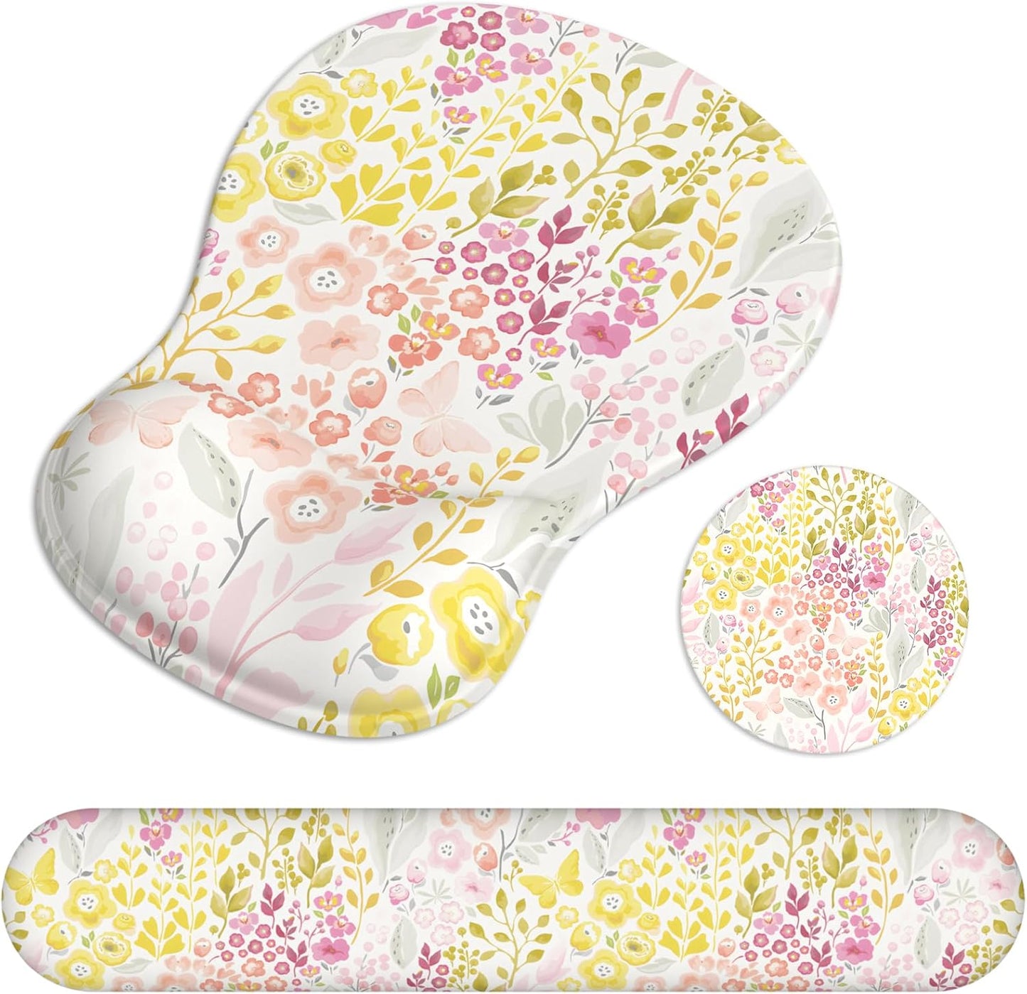 Ergonomic Mouse Pad with Wrist Rest and Keyboard Wrist Rest, Gel Mousepad and Wrist Rest for Computer Keyboard, Pain Relief, Non-Slip PU Base, Mouse Pad Wrist Support for Gaming, Pink Yellow Flowers